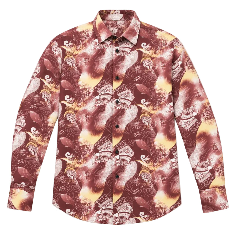 Dress Shirt Regular Fit Ukiyo-e Inspired Style Pattern In Brown