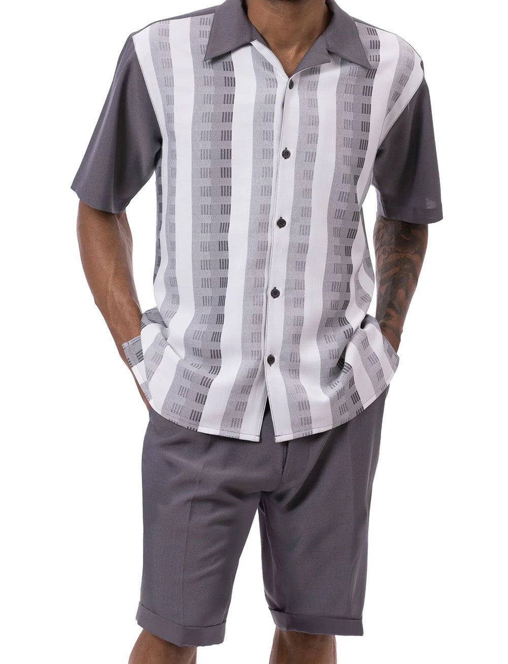 Gray Color Striped Walking Suit 2 Piece Short Sleeve Set with Shorts