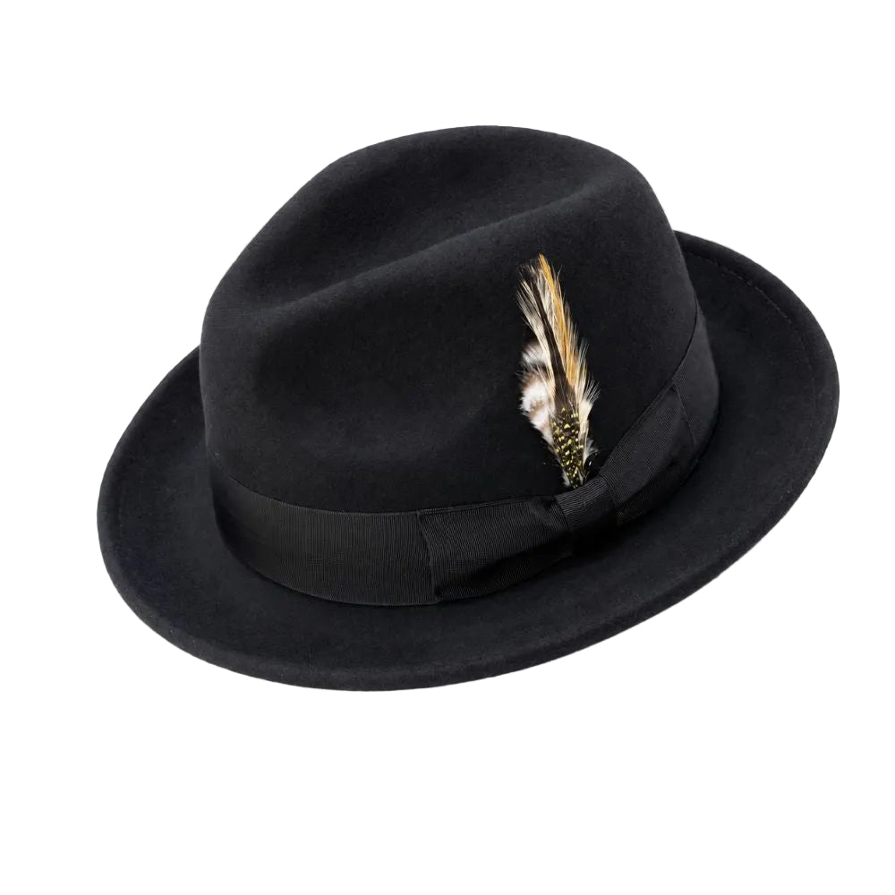 Men's Black Wool Felt Fedora Hat Snap Brim Crushable