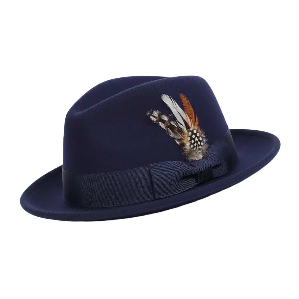 Men's Navy Wool Felt Fedora Hat Snap Brim Crushable