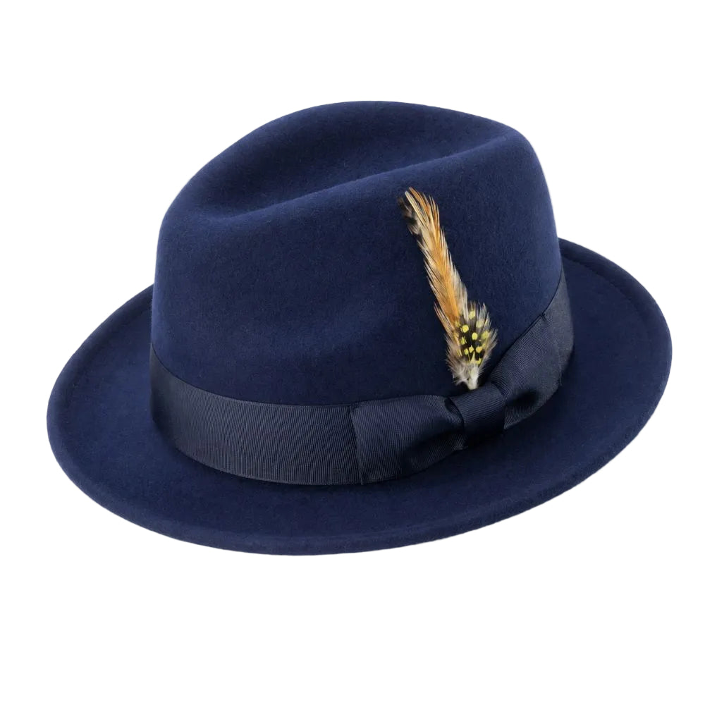 Men's Navy Wool Felt Fedora Hat Snap Brim Crushable