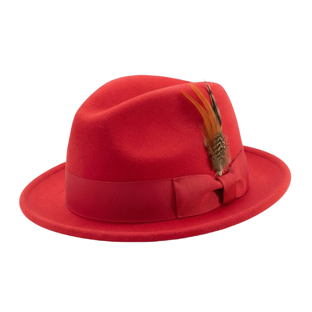 Men's Red Wool Felt Fedora Hat Snap Brim Crushable