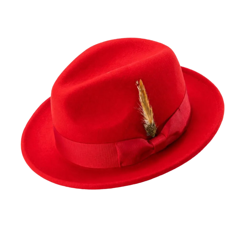 Men's Red Wool Felt Fedora Hat Snap Brim Crushable