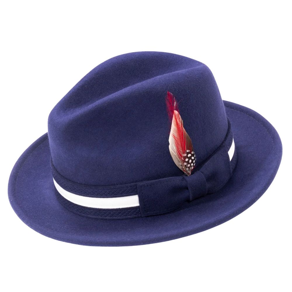Navy Wool Felt Fedora with Band and Ribbon
