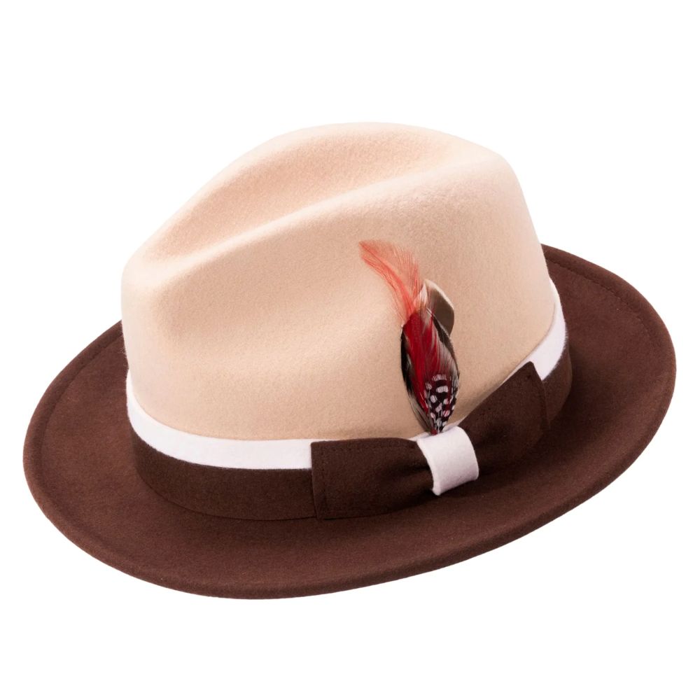 Two-Tone Beige/Brown Wool Felt Fedora with Band and Ribbon
