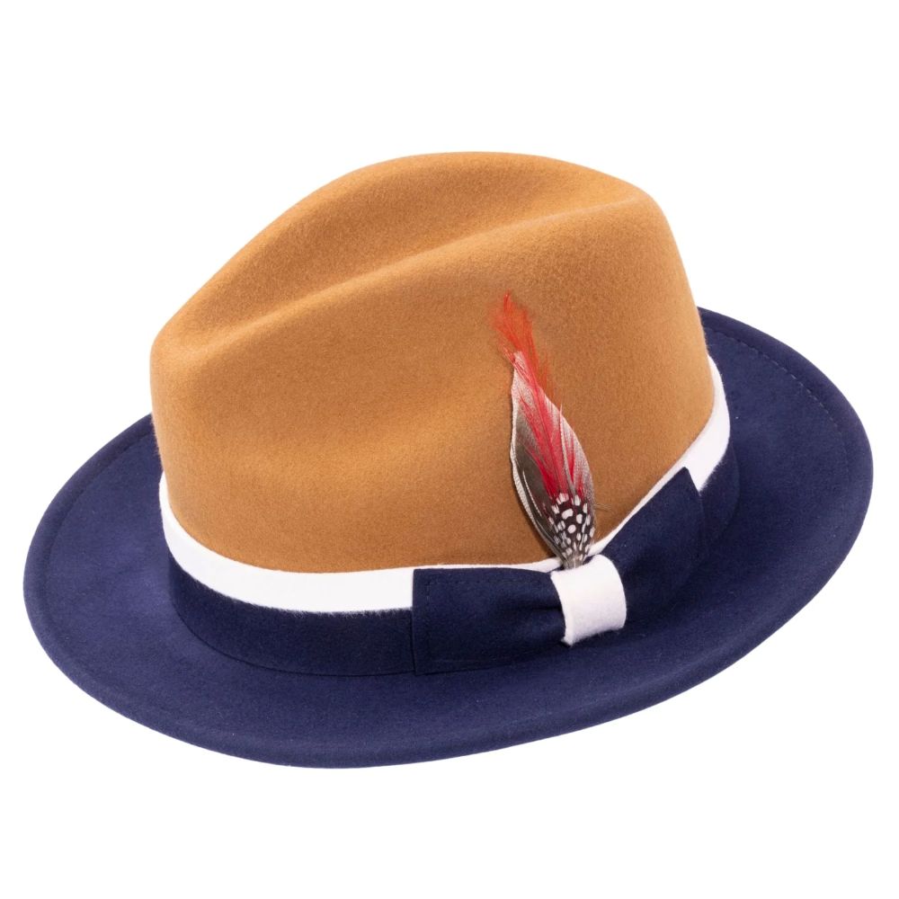 Two-Tone Cappuccino/Navy Wool Felt Fedora with Band and Ribbon
