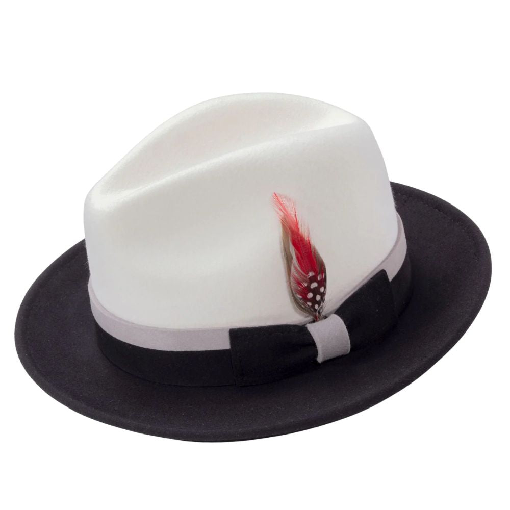 Two-Tone White/Black Wool Felt Fedora with Band and Ribbon

