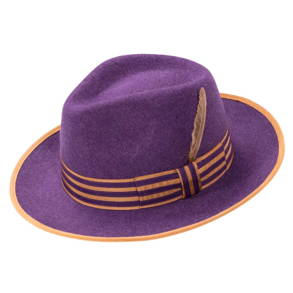 Grape Wool Felt Fedora with Striped Ribbon Band
