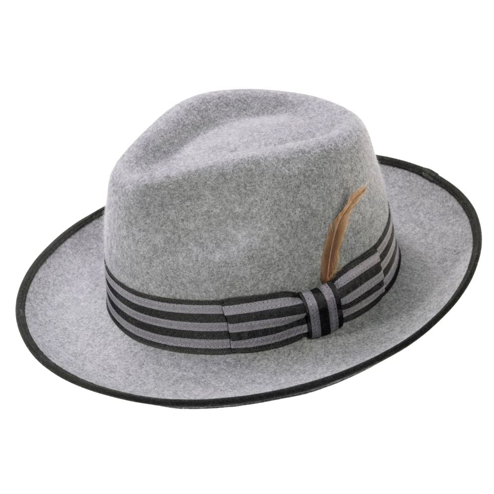 Gray Wool Felt Fedora with Striped Ribbon Band
