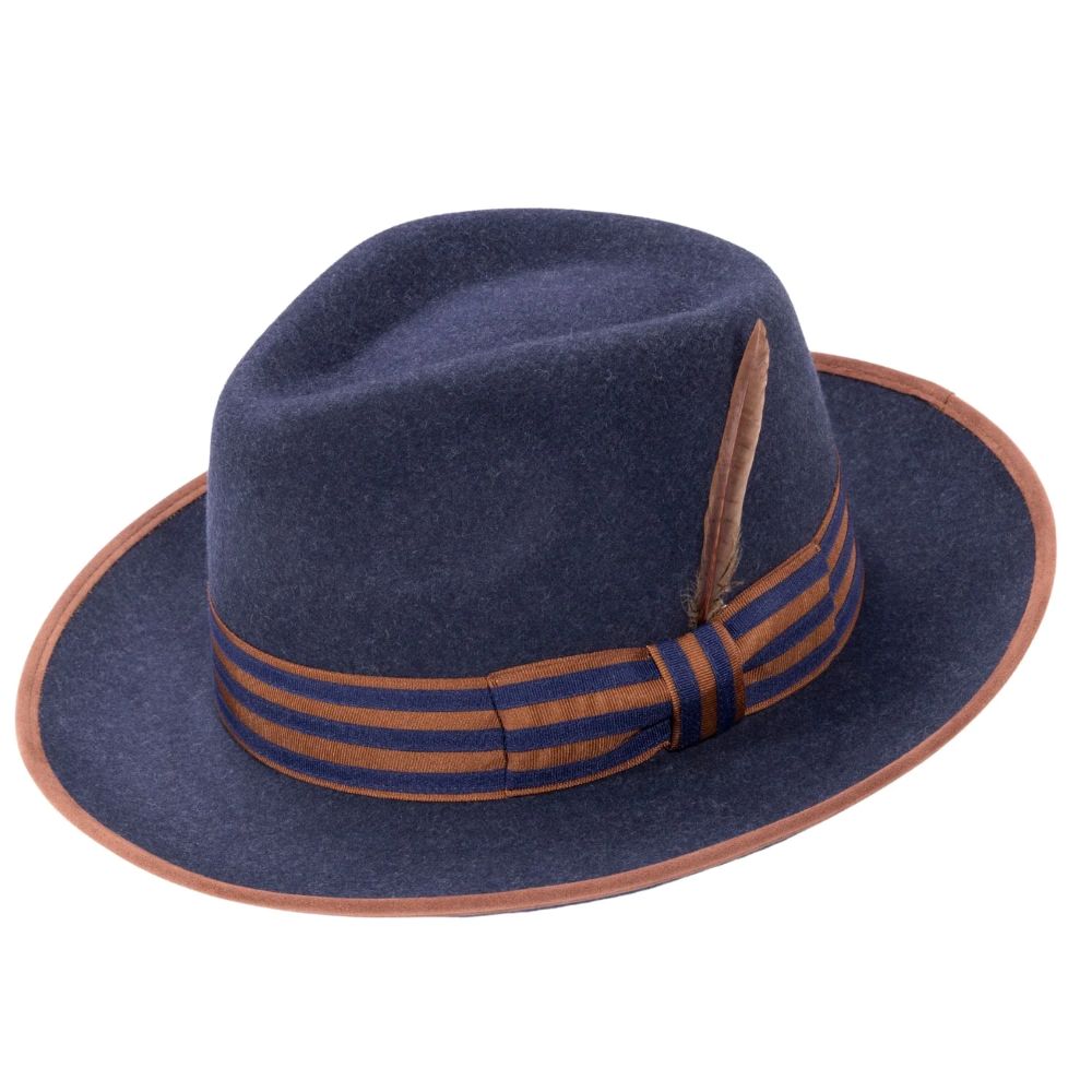 Navy Wool Felt Fedora with Striped Ribbon Band
