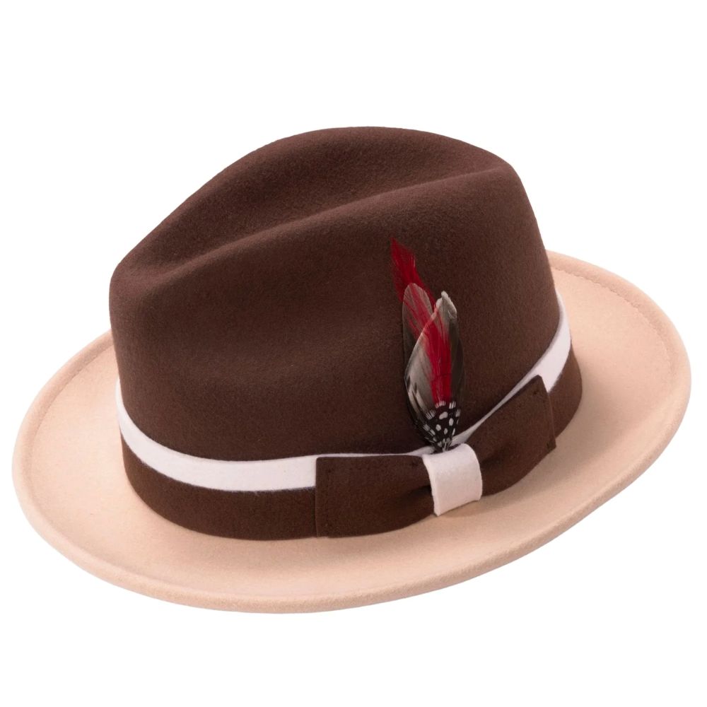 Two-Tone Brown/Beige Wool Felt Fedora with Band and Ribbon
