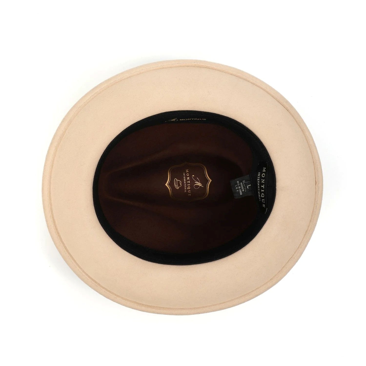 Beige hat with a brand logo on a white background