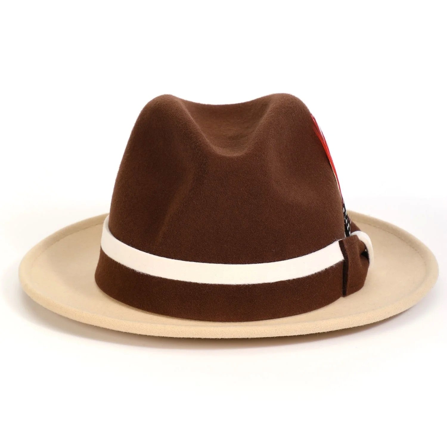 Brown fedora hat with a white band on a white background