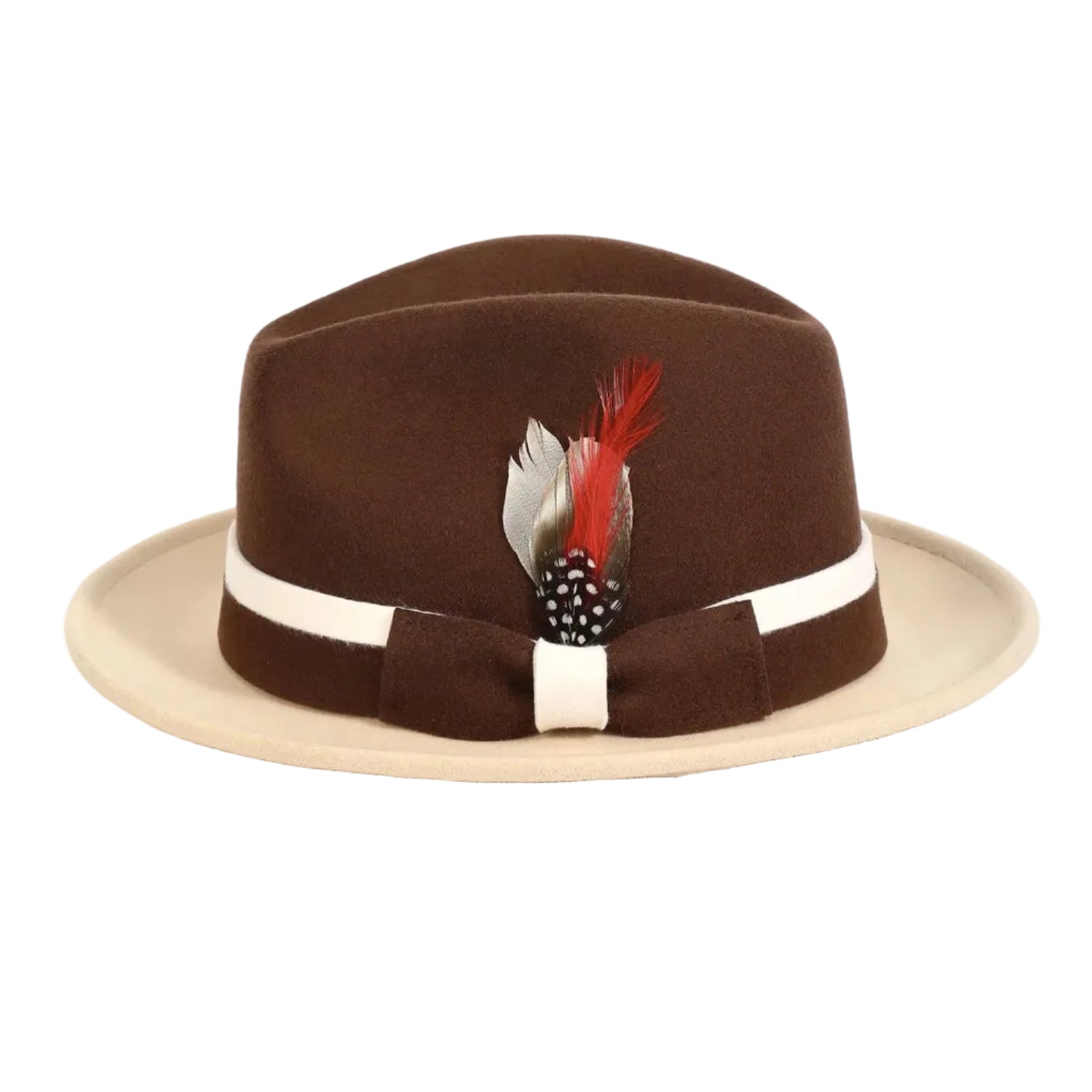 Two-Tone Brown/Beige Wool Felt Fedora with Band and Ribbon