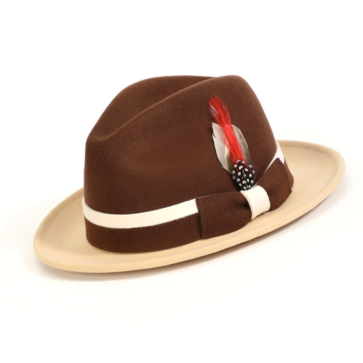 Brown fedora hat with a white band and red feather on a white background