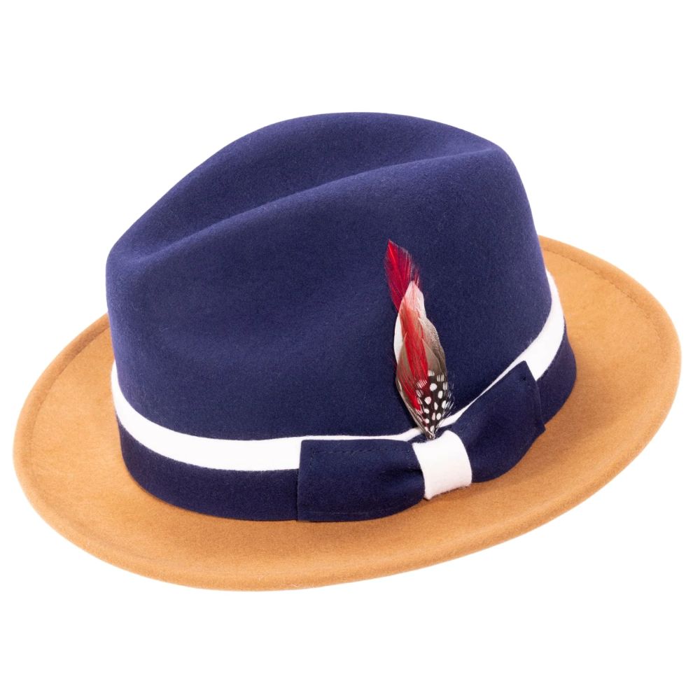 Two-Tone Navy/Cappuccino Wool Felt Fedora with Band and Ribbon