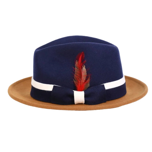 Side view of navy and cappuccino two-tone wool felt fedora