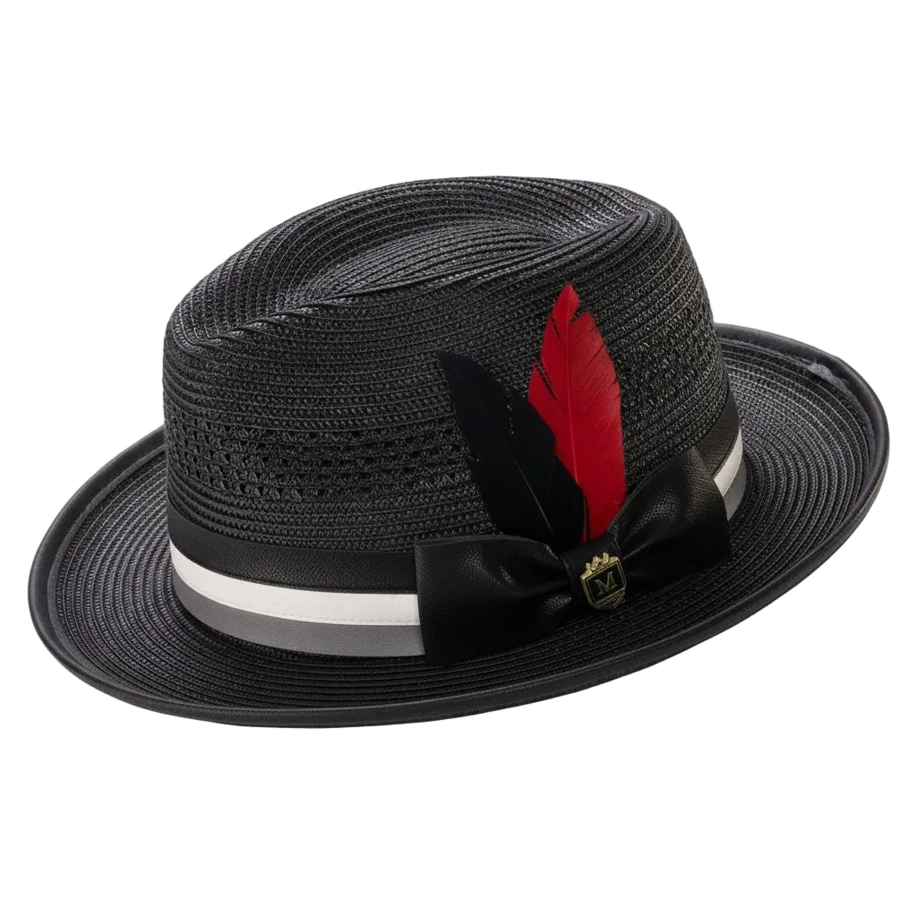 Black Mesh Braided Fedora Hat with Feather Stripe Trim Ribbon Band