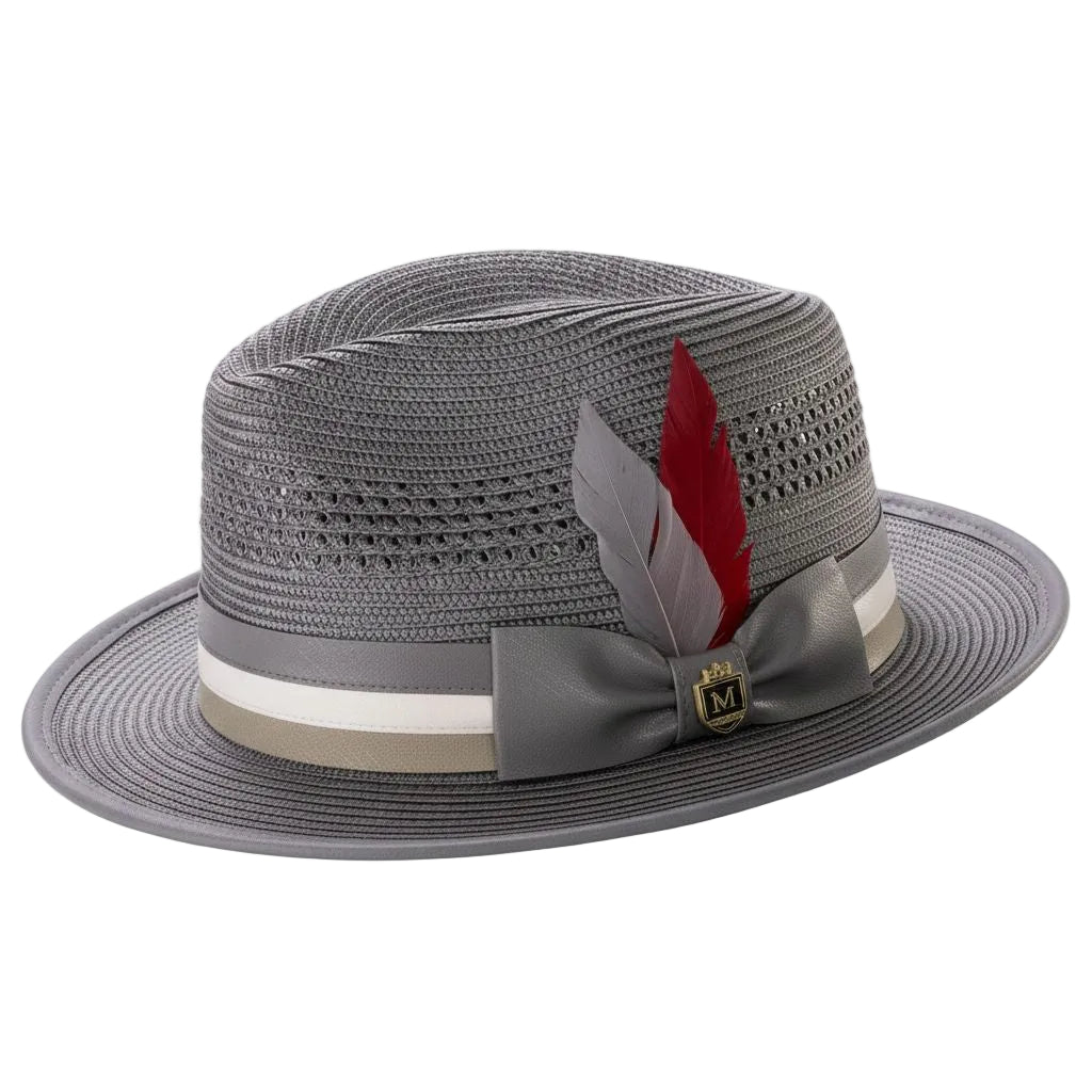 Gray Mesh Braided Fedora Hat with Feather Stripe Trim Ribbon Band