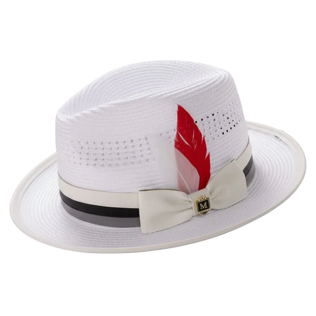 White Mesh Braided Fedora Hat with Feather Stripe Trim Ribbon Band