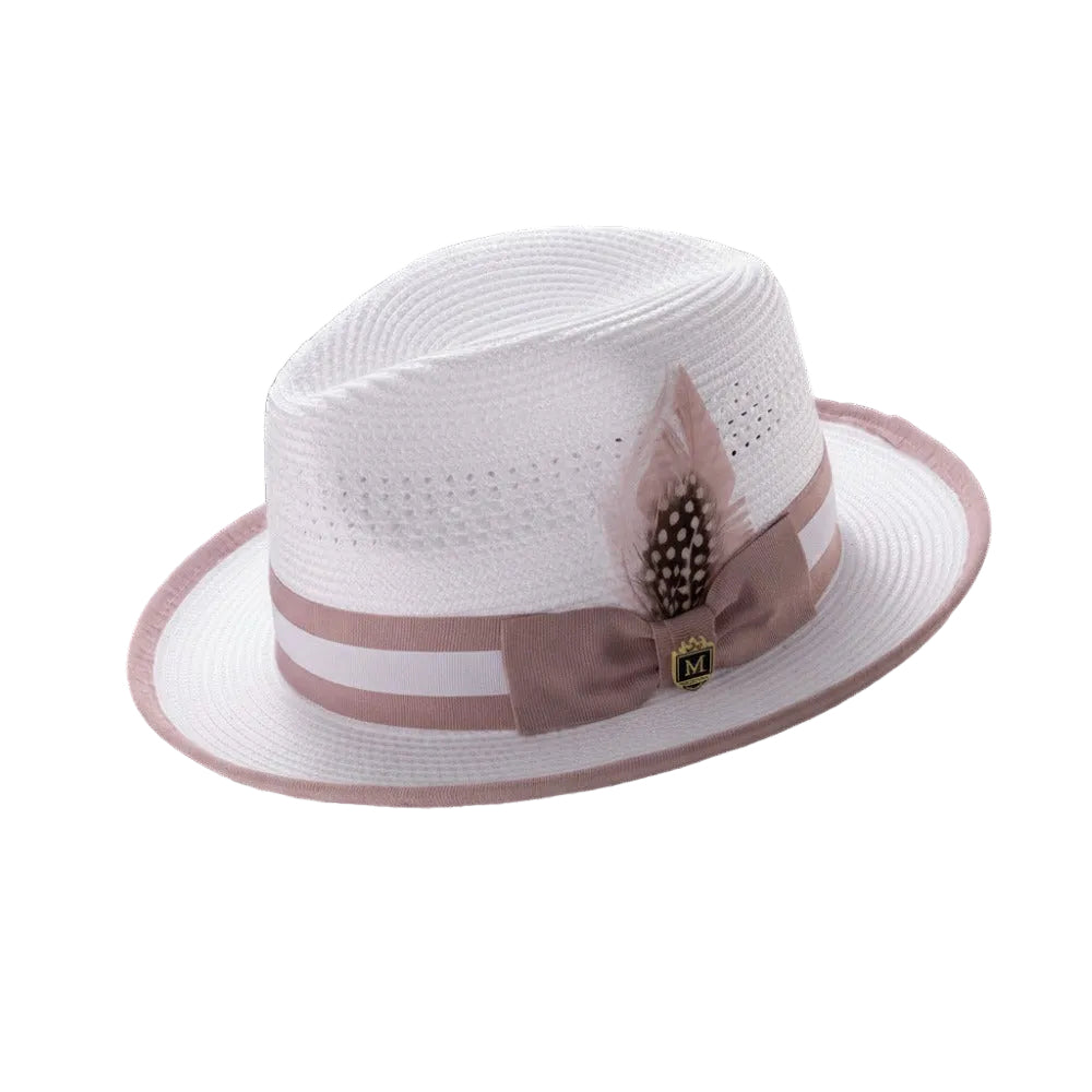 Braided Fedora Hat with Ribbon Band - White/Blush