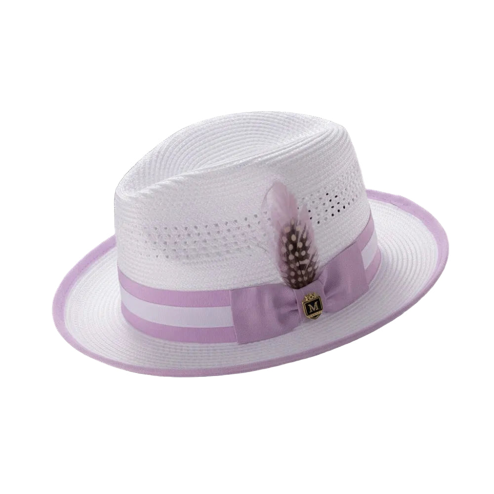 Braided Fedora Hat with Ribbon Band - White/Lavender