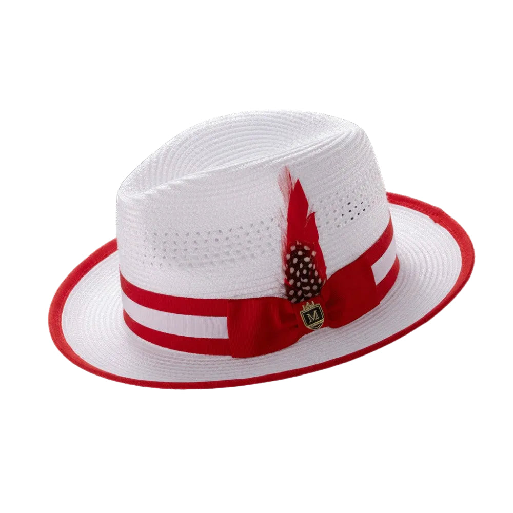 Braided Fedora Hat with Ribbon Band - White/Red | Suits  display picture 1
