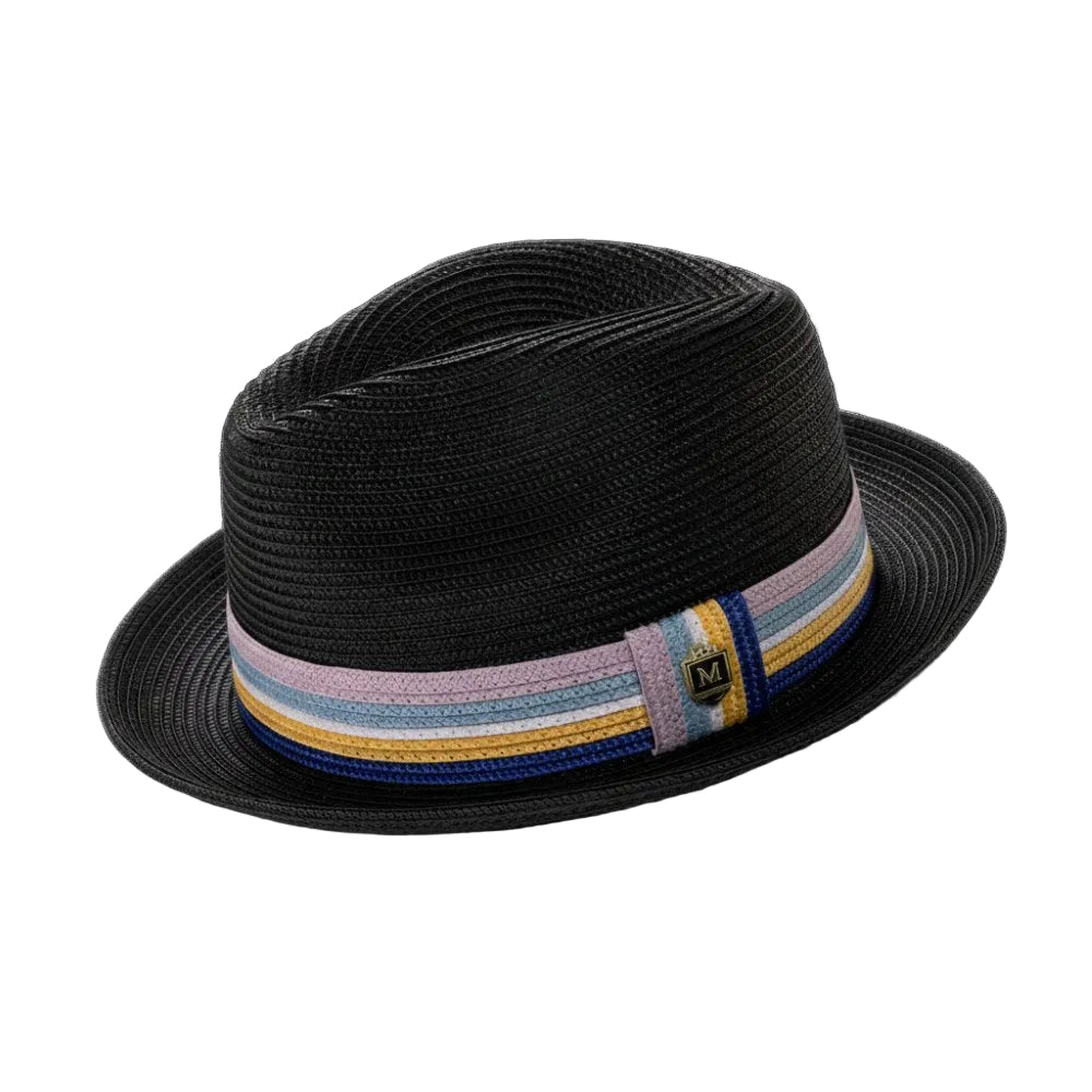 Black Braided Fedora Hat with Multi-Color Striped Band