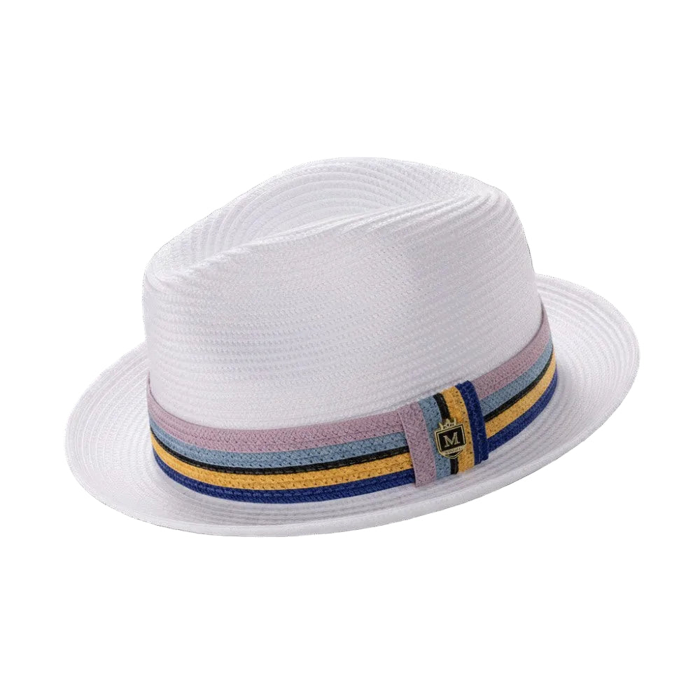White Braided Fedora Hat with Multi-Color Striped Band