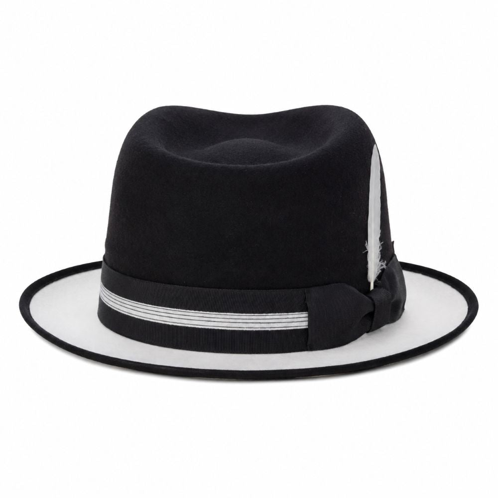 A black felt fedora hat with a white band, white feather accent, and white brim underside, photographed on a clean white background.