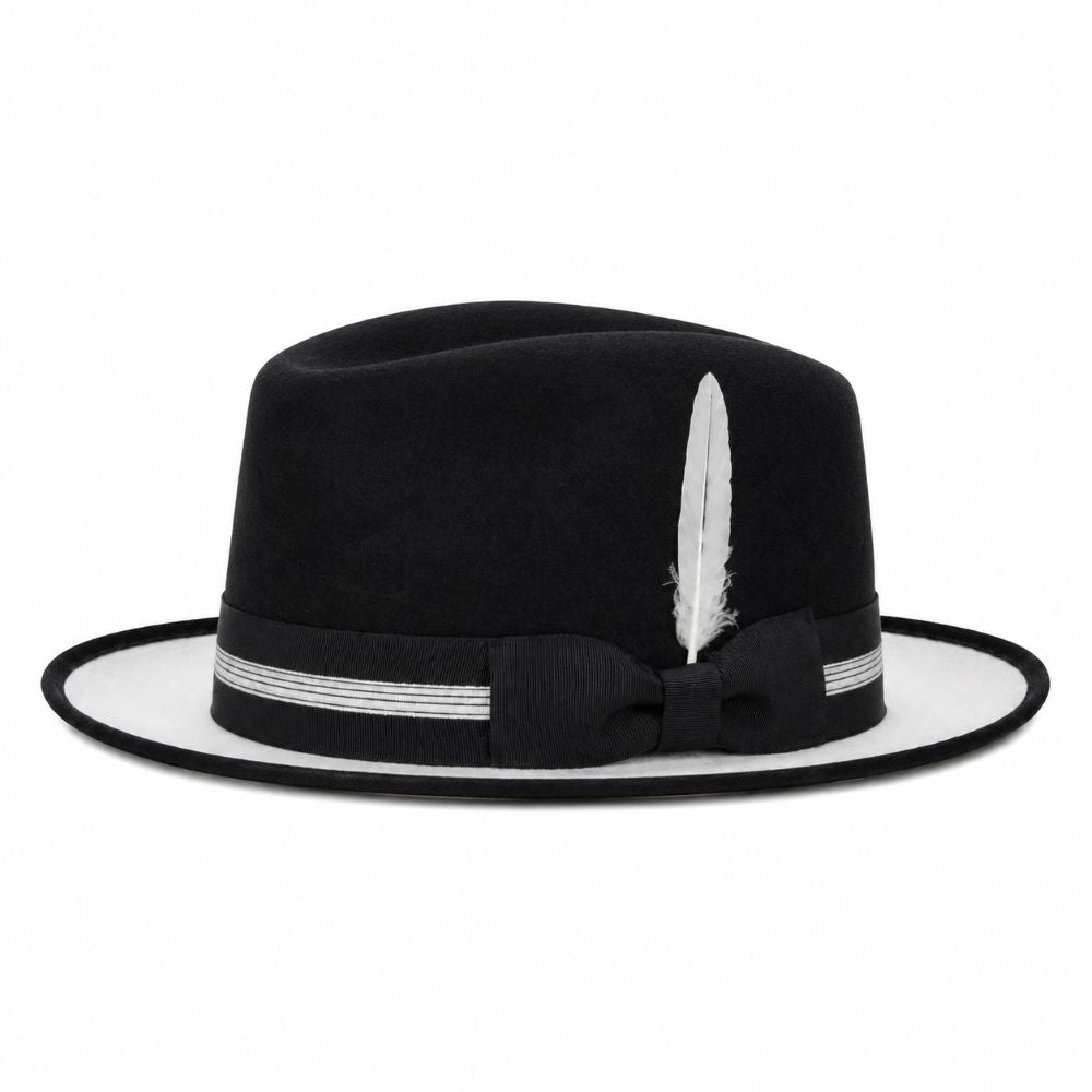 A black felt fedora hat with a white feather accent and a black bow on a white band, set against a plain white background.