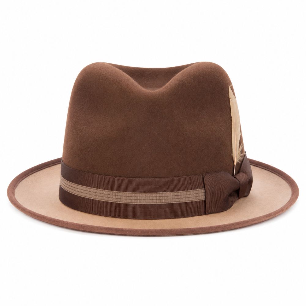 A brown felt fedora hat with a wide tan brim and a matching brown ribbon band with a bow, shown against a plain white background.