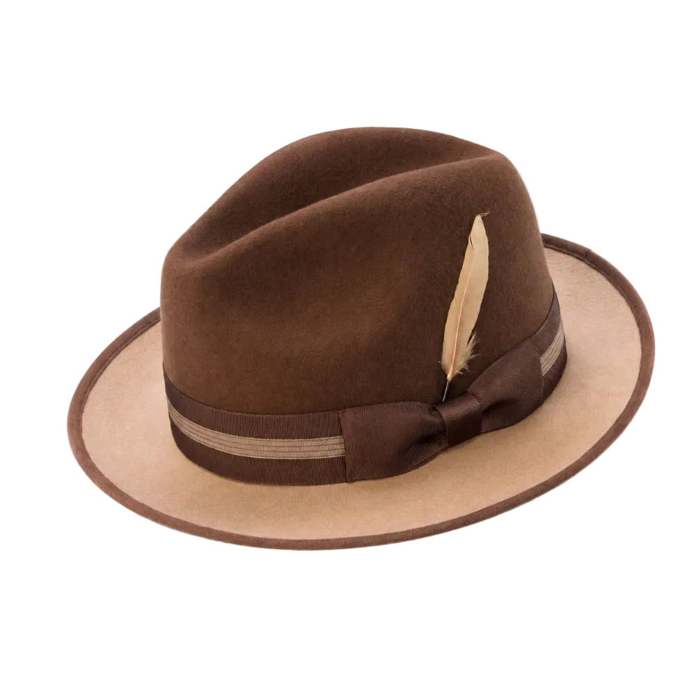 Two-Tone Wool Felt Fedora with Ribbon Band and Feather – Brown/Tan