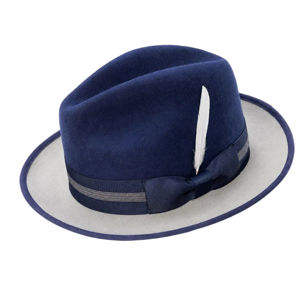 Two-Tone Wool Felt Fedora with Ribbon Band and Feather – Navy/White