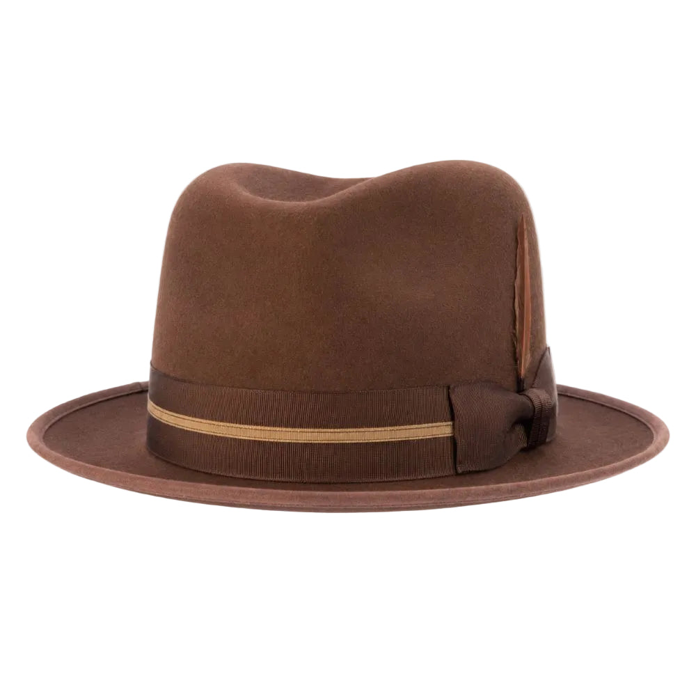 A brown felt fedora hat with a matching brown ribbon band and a thin tan stripe, shown against a plain white background.