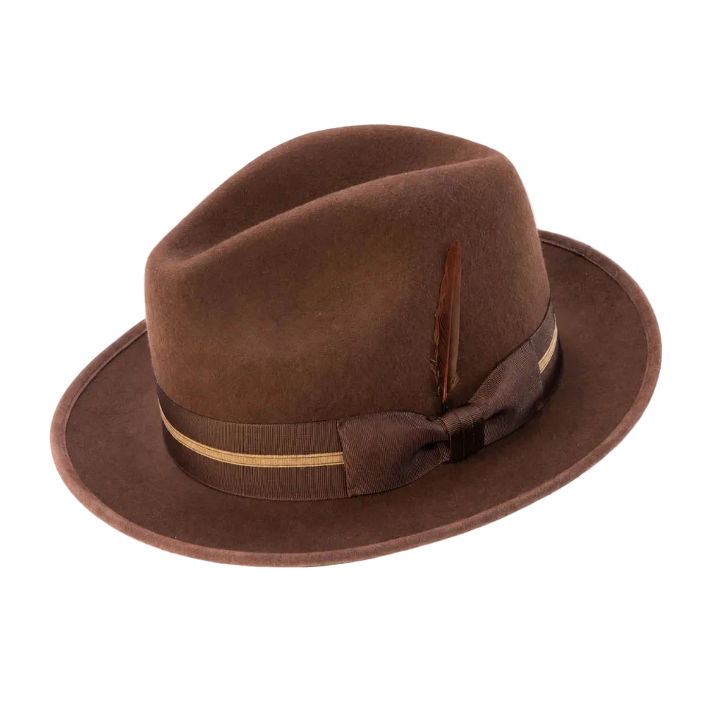 Wool Felt Fedora Striped Ribbon Band & Feather - Brown