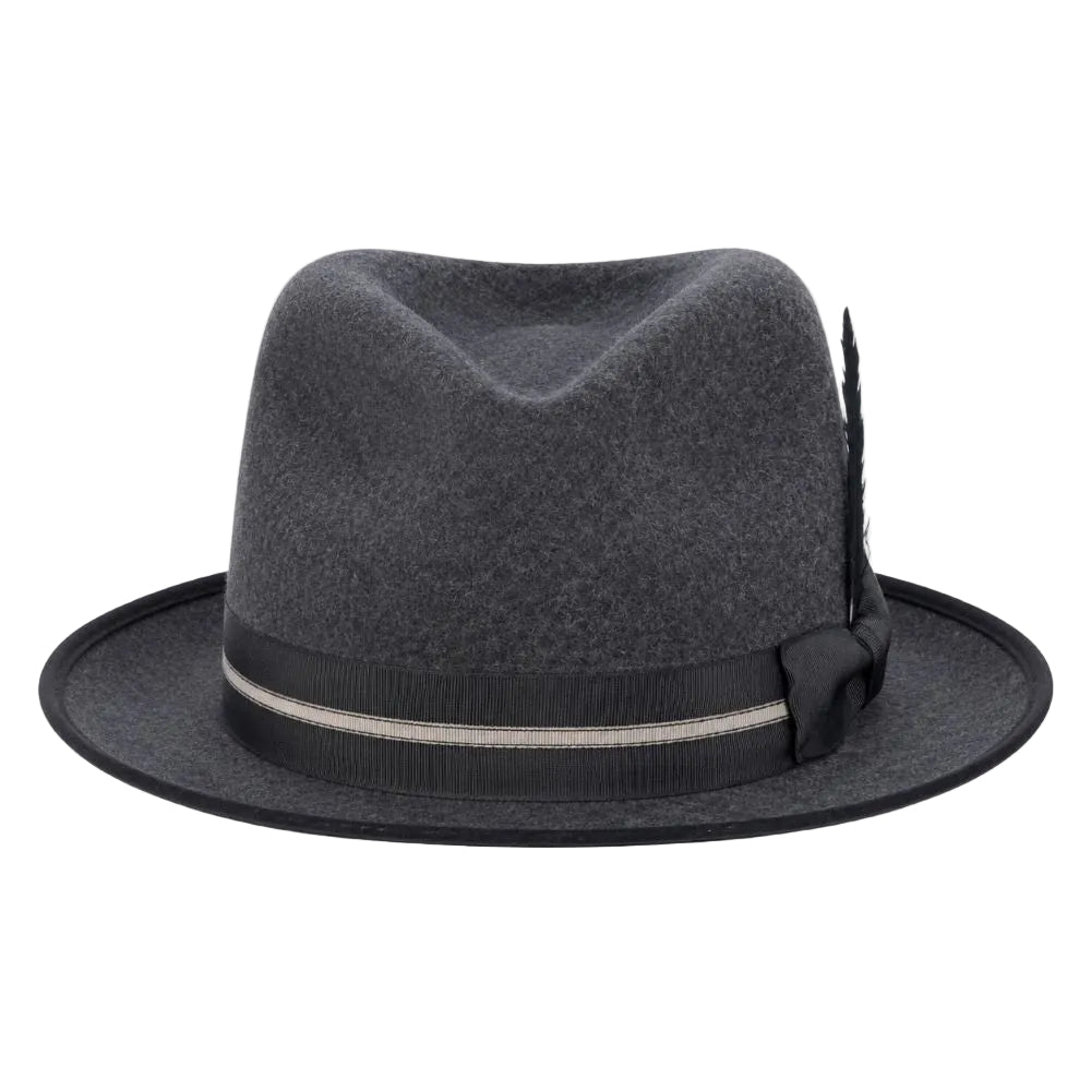 A dark gray felt fedora hat with a black ribbon band, a thin beige stripe, and a black feather accent on the side, shown against a plain white background.