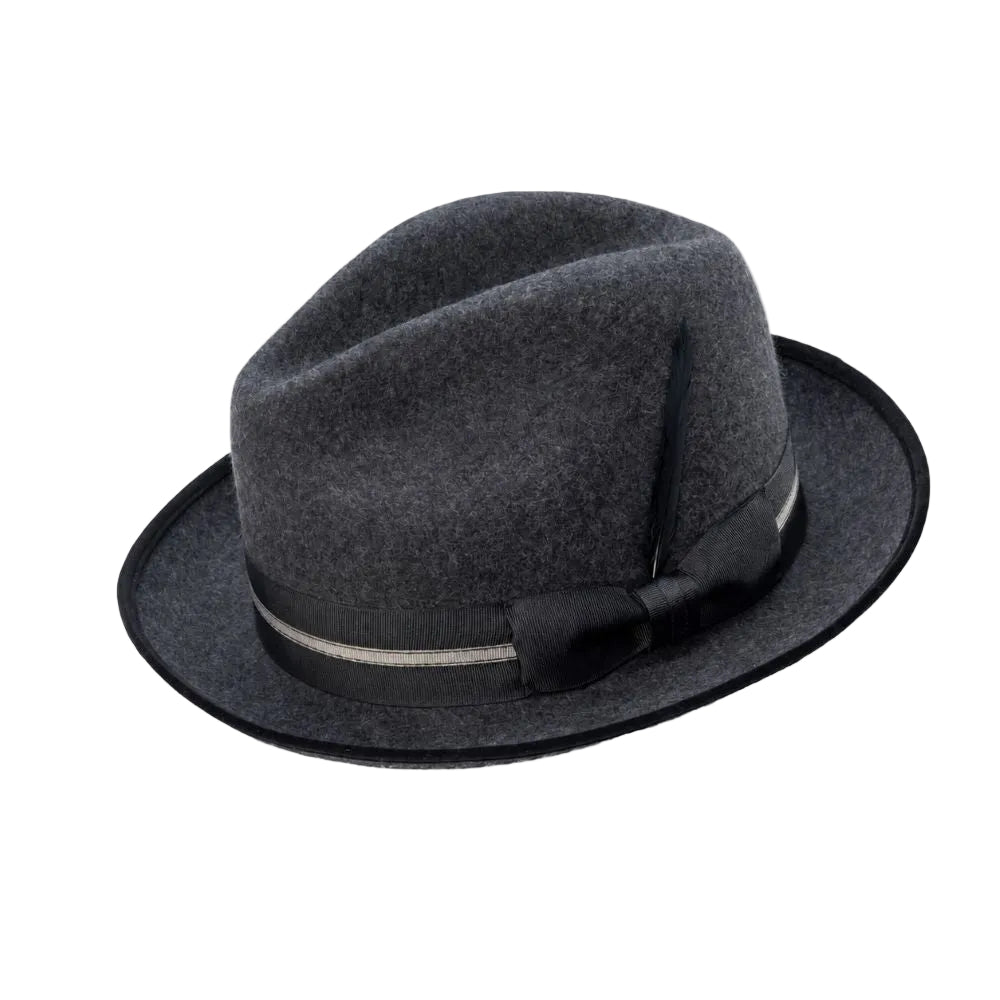 Wool Felt Fedora Striped Ribbon Band & Feather - Black