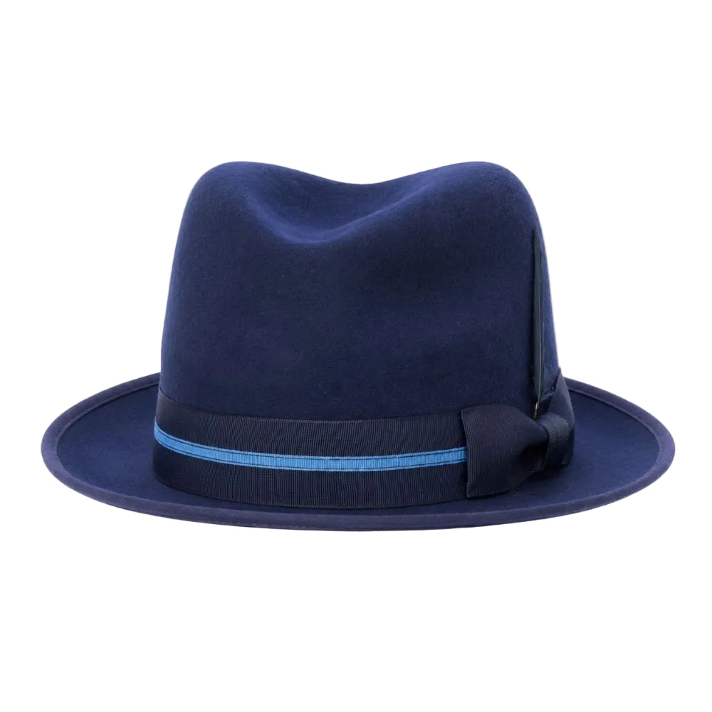 A navy blue felt fedora hat with a matching navy bow and a thin light blue accent band, shown against a plain white background.