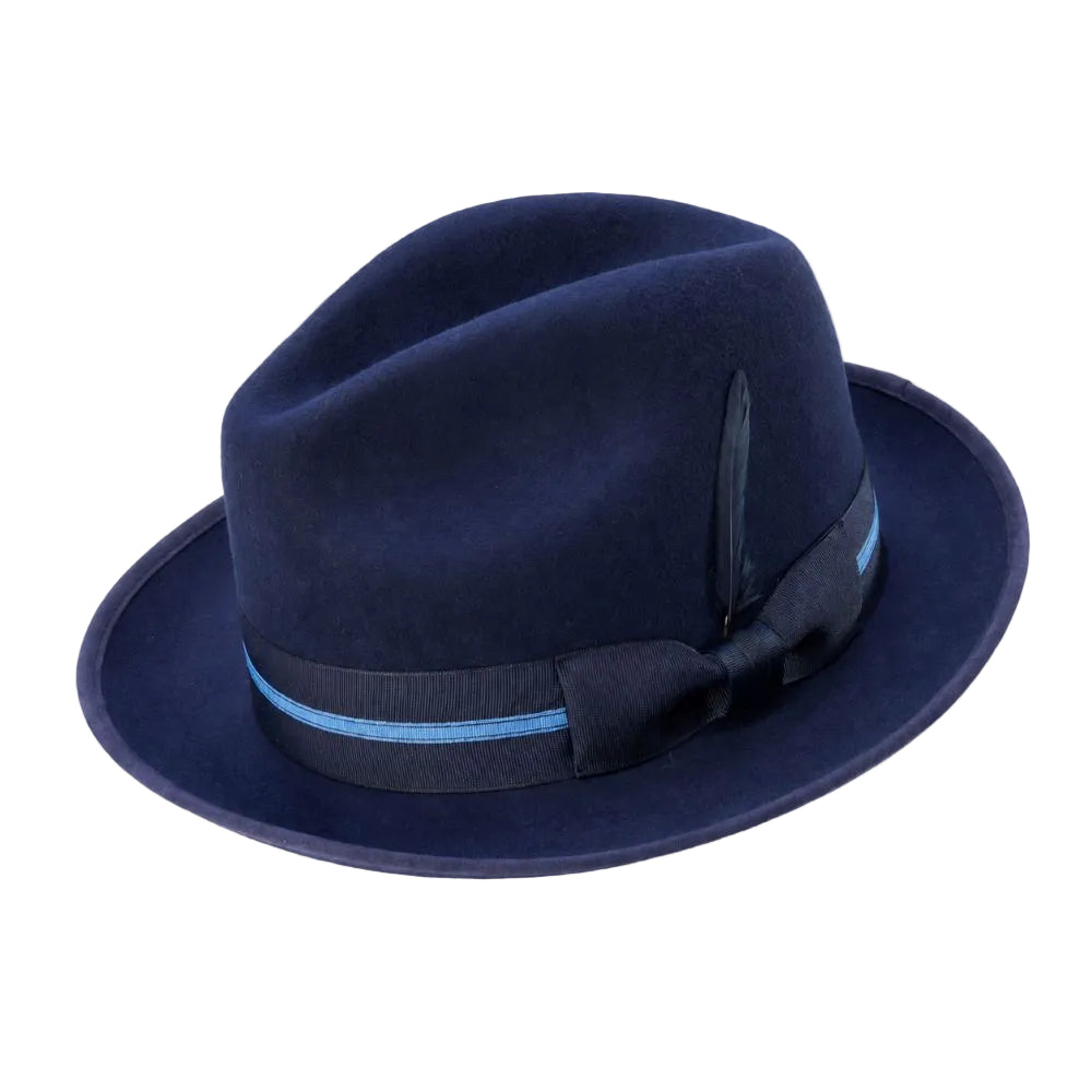 Wool Felt Fedora Striped Ribbon Band & Feather - Navy