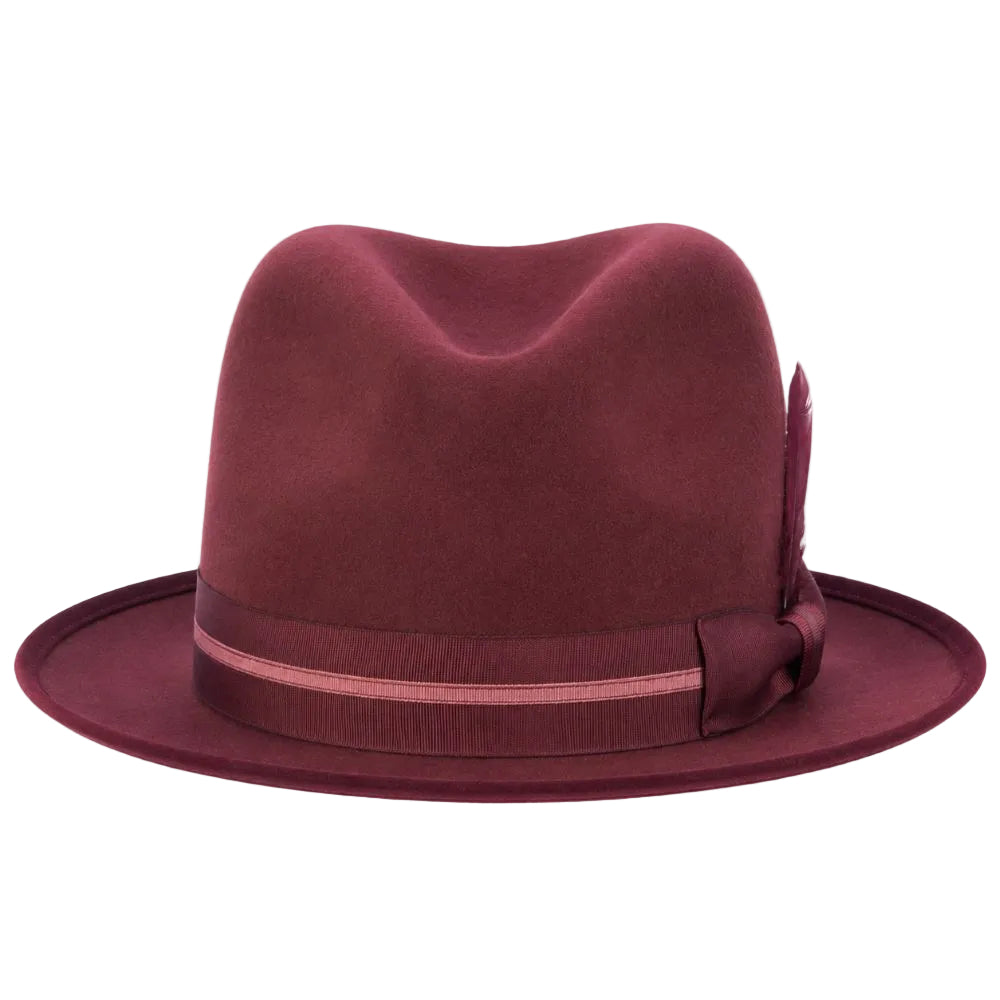 A maroon felt fedora hat with a matching ribbon band and bow, featuring a feather accent on the side, set against a plain white background.