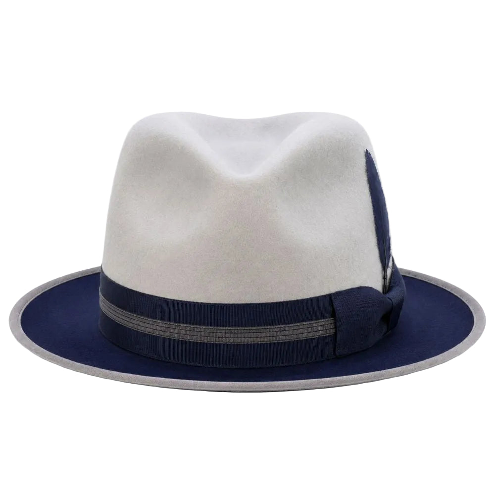 A white felt fedora hat with a navy blue band and matching navy blue side accent, shown from the front on a white background.