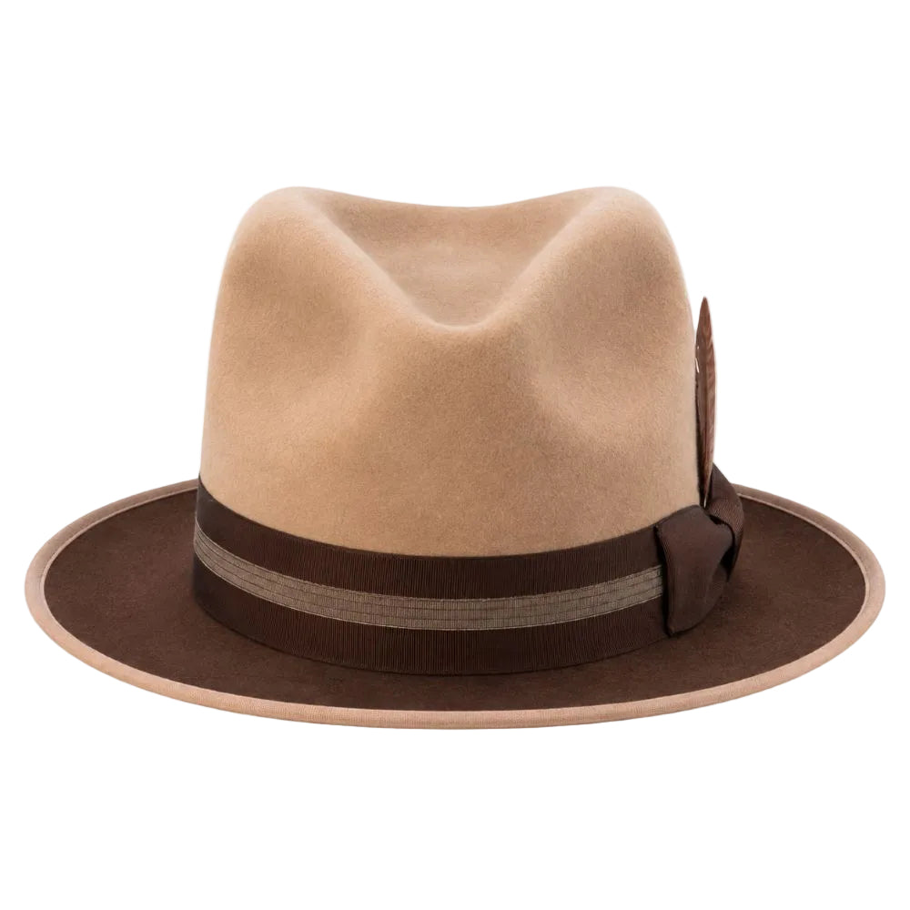 A classic fedora hat in light tan felt with a dark brown wide brim, a matching dark brown ribbon band with a textured stripe, and a brown feather accent on the side, shown against a plain white background.