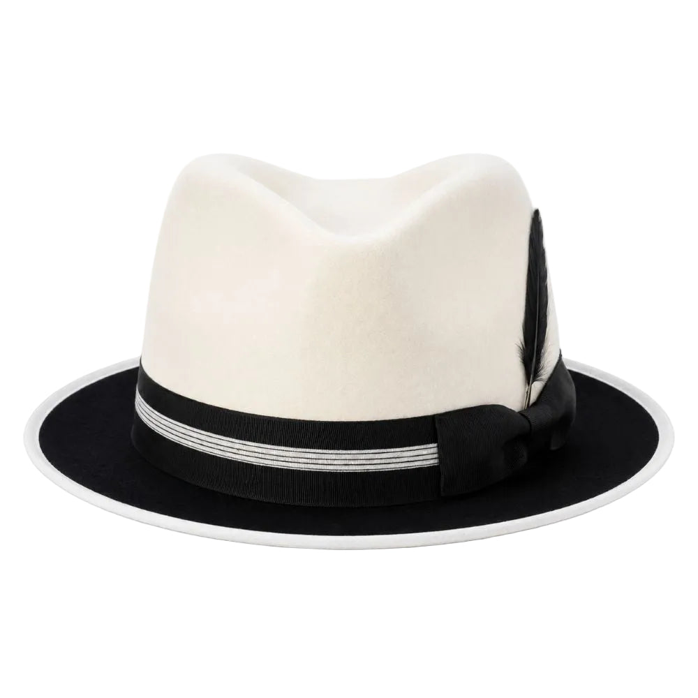 A white felt fedora hat with a black brim, a black ribbon band featuring silver stripes, and a black feather accent on the side, shown against a plain white background.