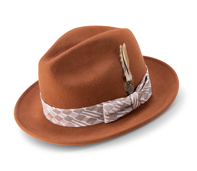 Cognac Wool Felt Dress Hat with Feather Accent