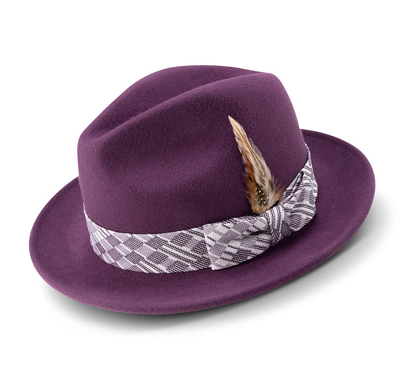 Plum Wool Felt Dress Hat with Feather Accent