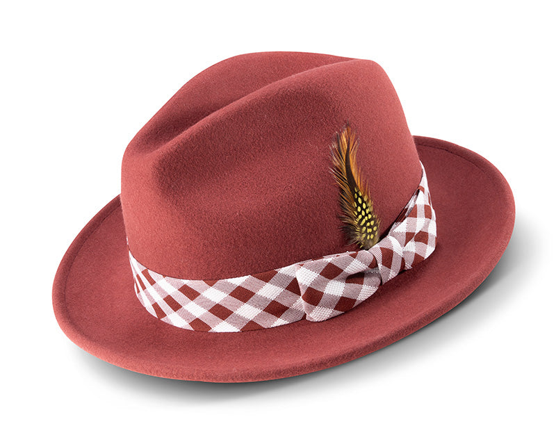 Brick Wool Felt Dress Hat with Feather Accent