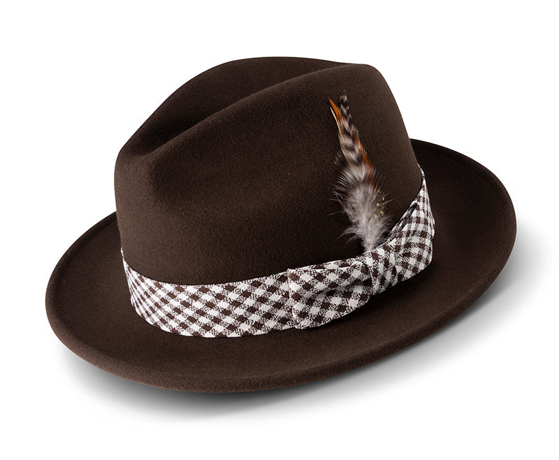 Brown Wool Felt Dress Hat with Feather Accent