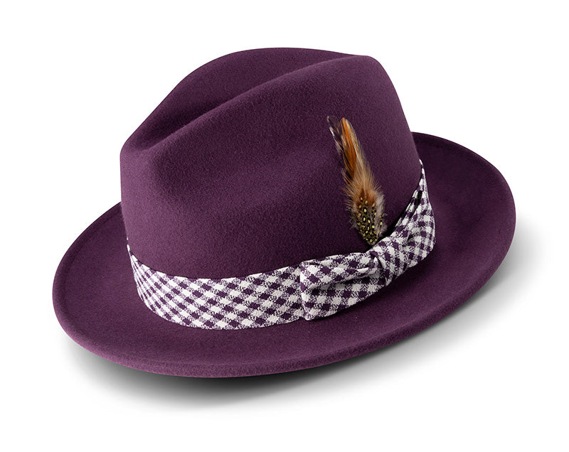 Plum Wool Felt Dress Hat with Feather Accent