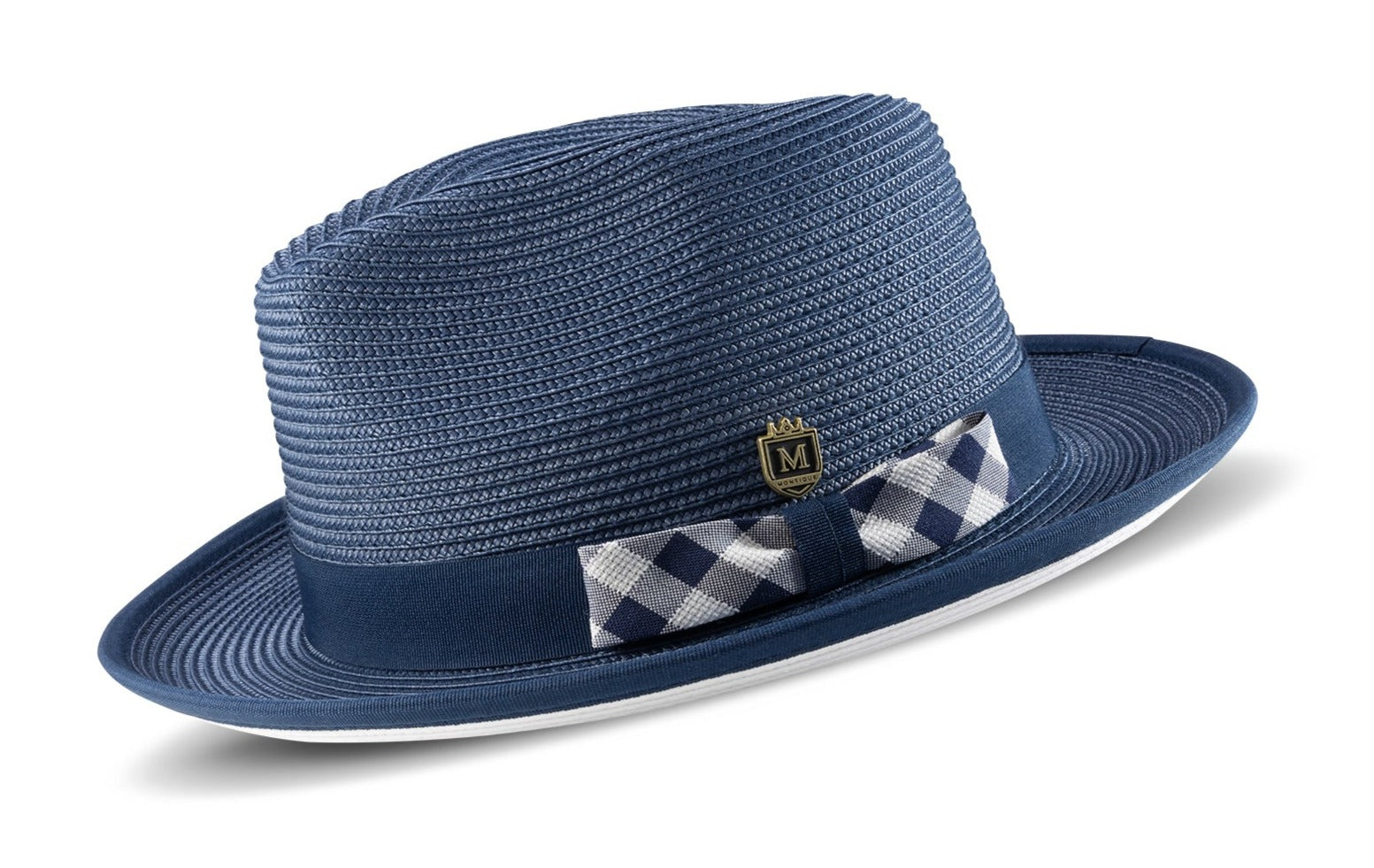 Navy Braided Stingy Brim Pinch Fedora With White Bottom